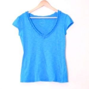 INC Sky Blue Ruffle Short Sleeve V-Neck Tee Shirt